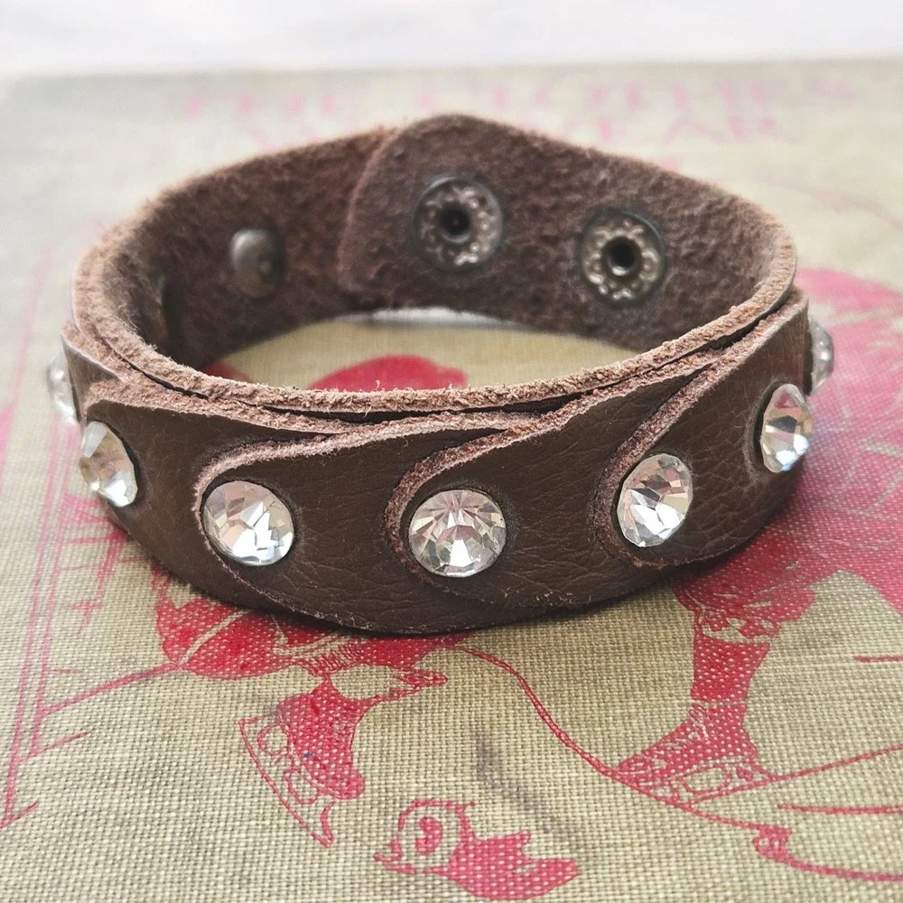 Brown Leather Rhinestone Cuff Bracelet Snap Closure Adjustable Boho Western